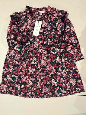 Joules Navy Floral Ruffle-Neck Blouse